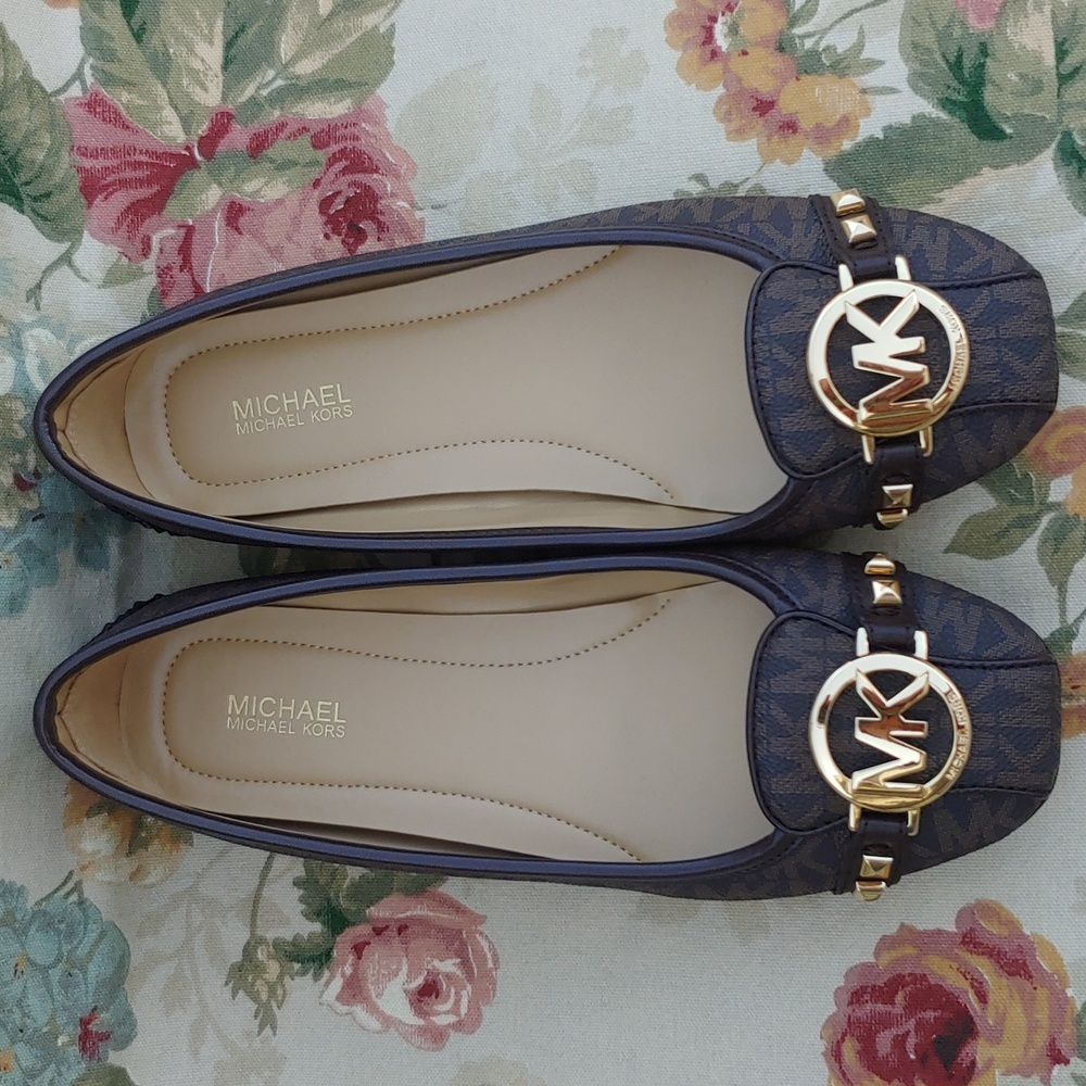 MICHAEL Michael Kors Brown Logo Moccasin Flats with Gold Hardware
